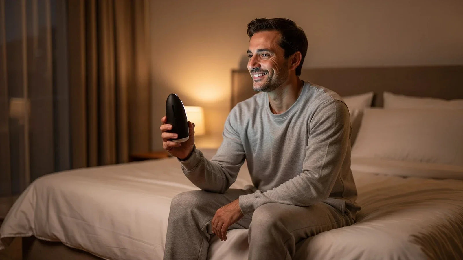 Homme détendu sur son lit tenant un masturbateur automatique — comment choisir un masturbateur