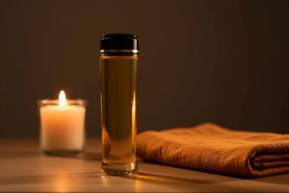 Flacon d'huile de massage sur une table basse en bois, bougie floue en arrière-plan
