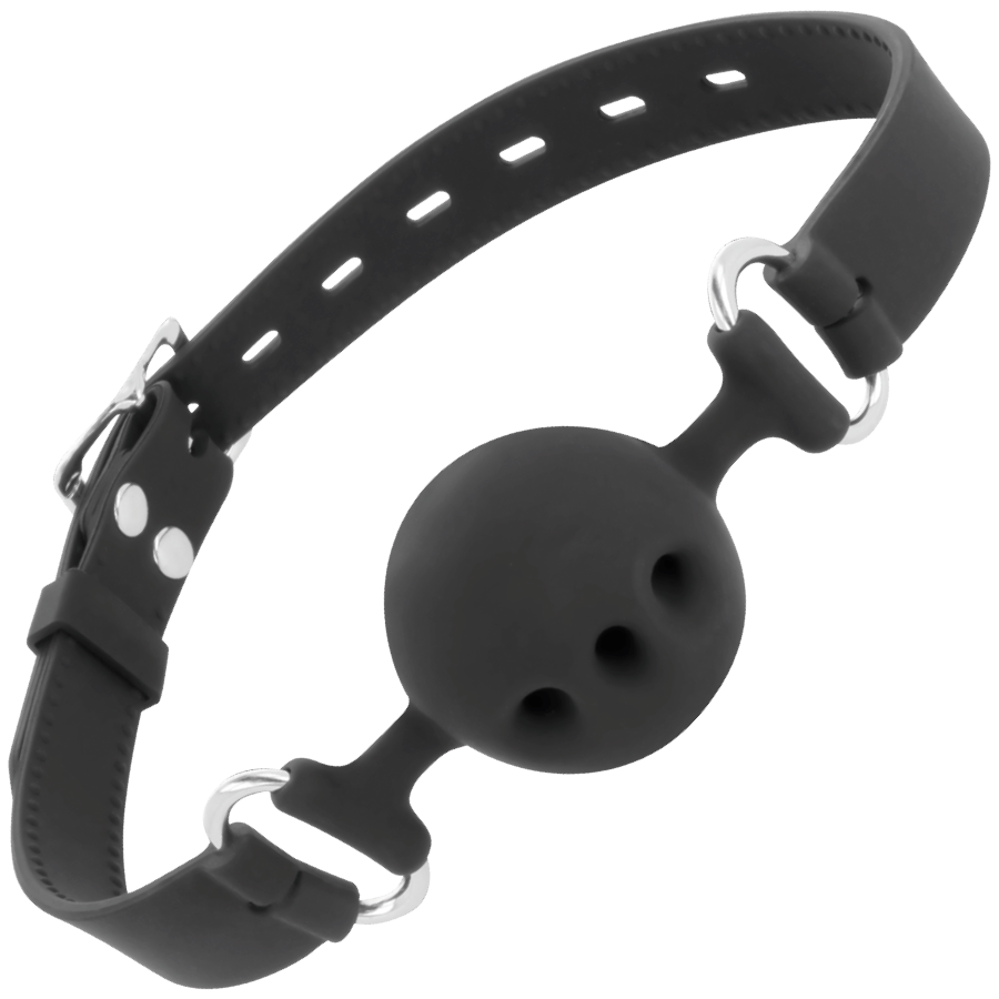 Bâillon BDSM Boule Respirante Silicone Sangles Cuir Réglable - Darkness
