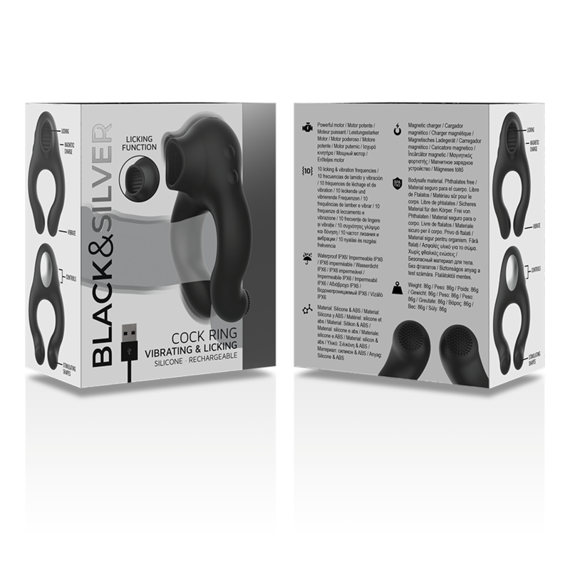 Cockring Vibrant Licking Silicone 3 Moteurs Rechargeable Noir - Black&Silver