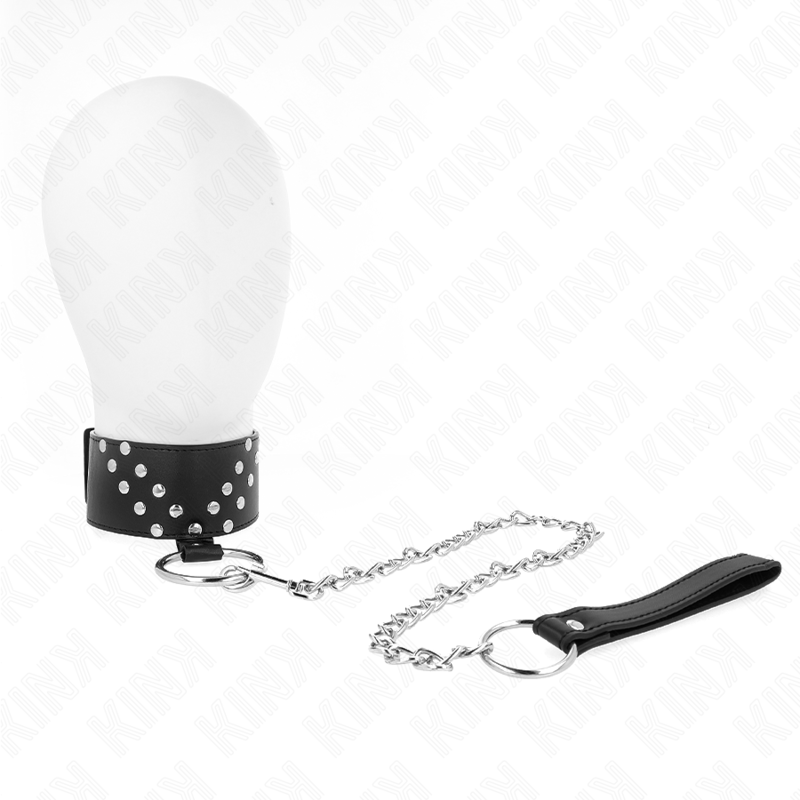 Collier BDSM Cuir avec Laisse Rivet V Réglable 36-43 cm - Kink
