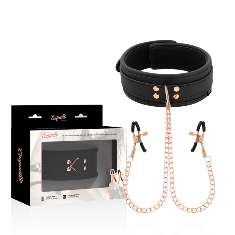 Collier BDSM Pinces à Tétons Cuir Vegan Doublure Néoprène - Coquette
