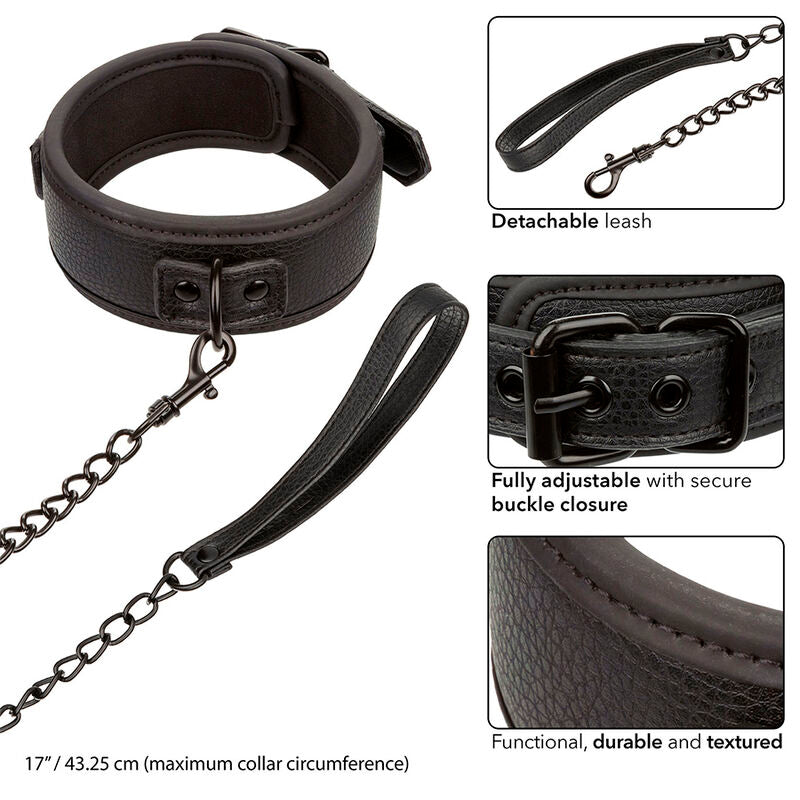 Collier et Laisse BDSM Nocturnal Cuir Réglable Anneau Pivotant - CalExotics