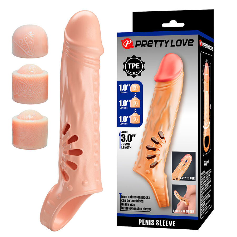 Gaine à Pénis Extensible 3 Rallonges Texturée +7,5 cm - Pretty Love