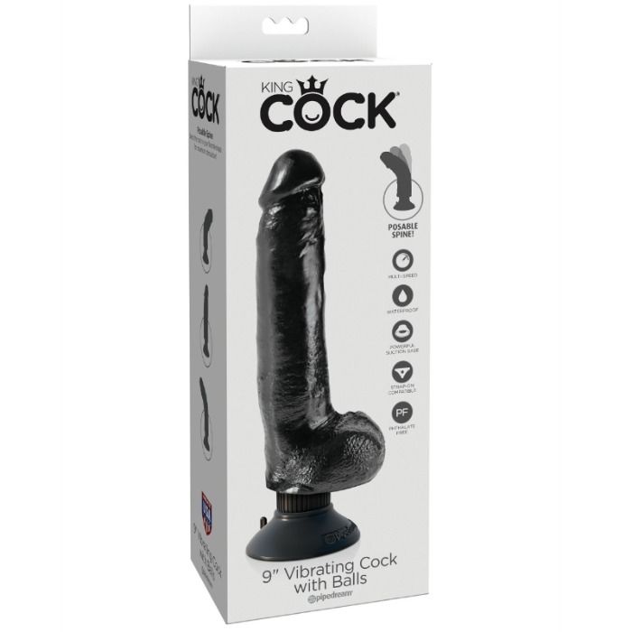 Gode Vibrant Réaliste avec Testicules Ventouse 23 cm Noir - King Cock