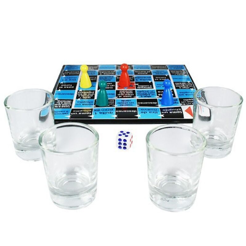 Plateau du jeu Crazy Dice Diablo Picante vu de face avec ses verres à shot et son dé