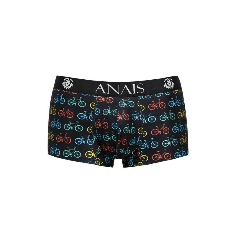 Avant du boxer Benito taille L d'Anais Men posé à plat, vélos colorés sur fond noir
