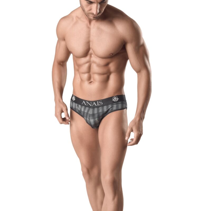 Homme portant le slip Ares d'Anais Men de face, devant gris anthracite et ceinture siglée