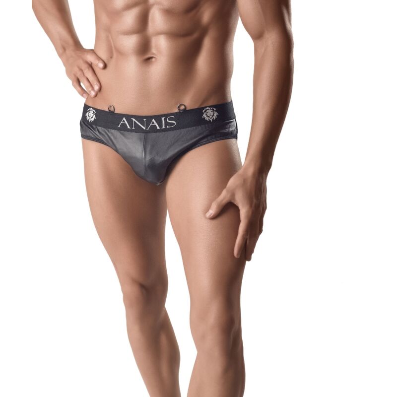Homme portant le slip Ares XL d'Anais Men, devant satiné gris foncé et anneaux sur la ceinture