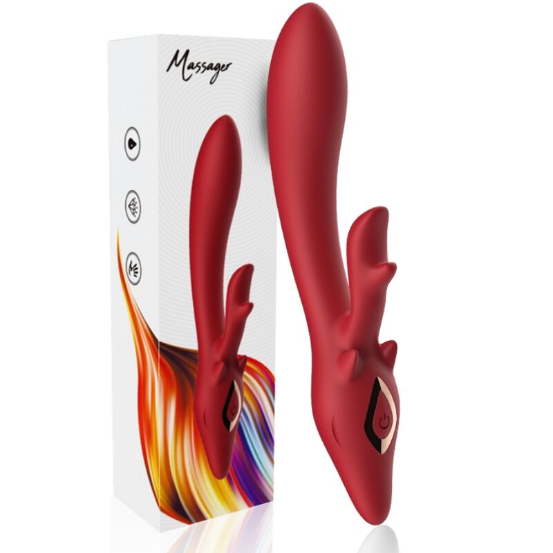 Vibromasseur rabbit Elk rouge d'Armony devant sa boîte Massager