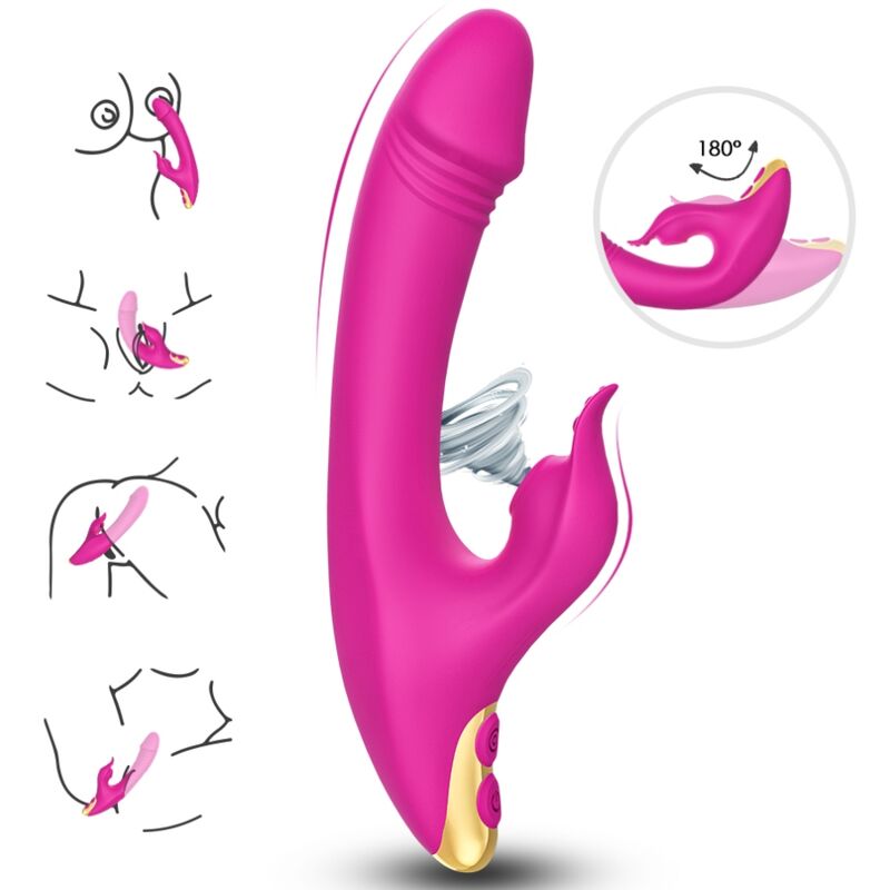 Rabbit Love fuchsia d'Armony, bras à succion pivotant et illustrations des usages