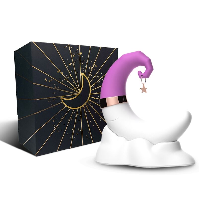 Stimulateur clitoridien Sweetmoon d'Armony, lune blanche au bonnet mauve devant sa boîte