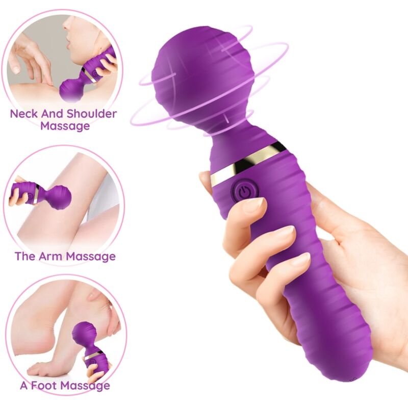 Vibromasseur wand Freedo Armony violet tenu en main avec vignettes de massage