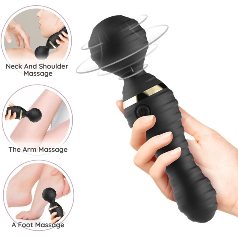 Vibromasseur wand Freedo noir d'Armony en main, usages de massage de la nuque et du pied