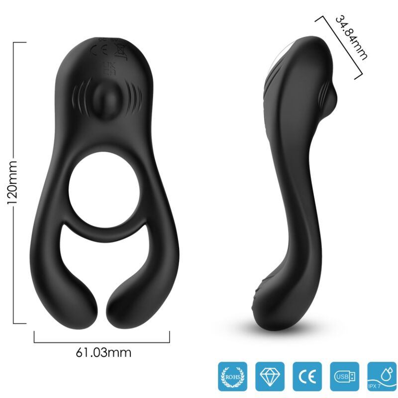 Cockring vibrant Veyron d'Armony de face et de profil avec ses cotes de hauteur et de largeur