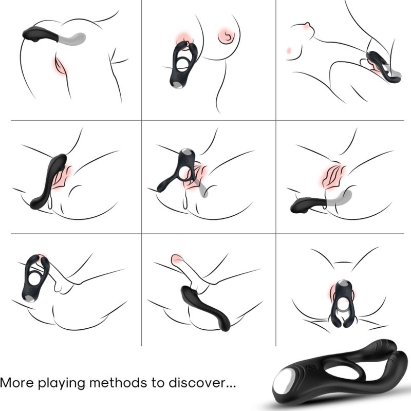 Planche d'illustrations des positions d'utilisation du cockring vibrant Veyron d'Armony