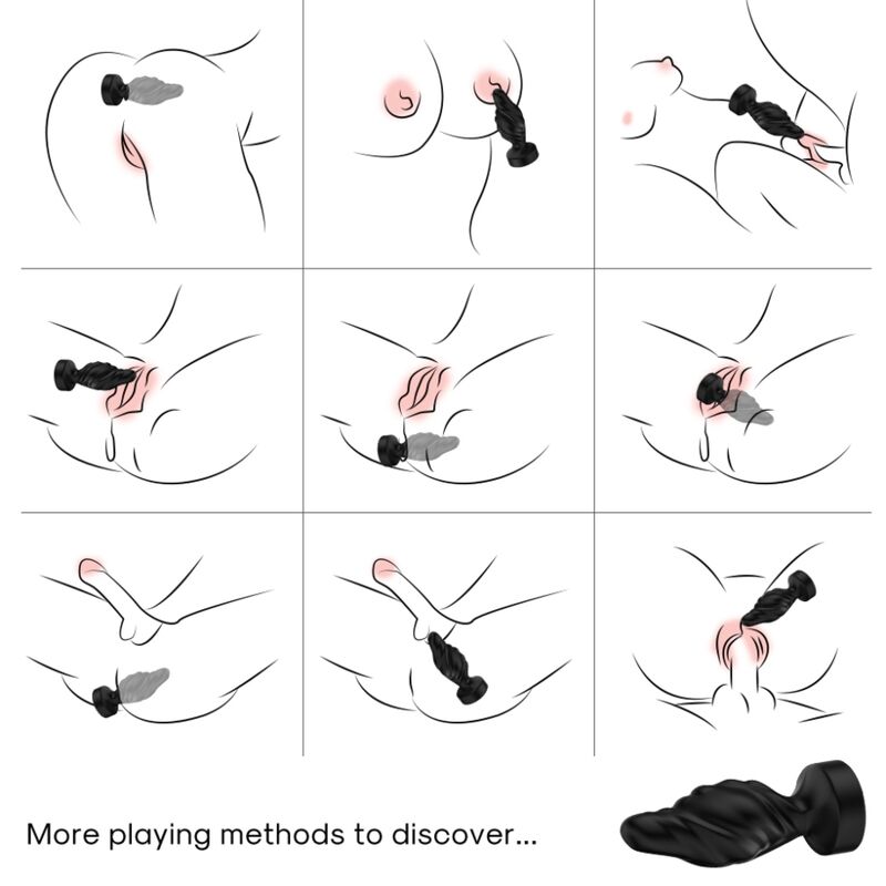 Schémas des usages du plug anal torsadé Armony, seul ou en couple