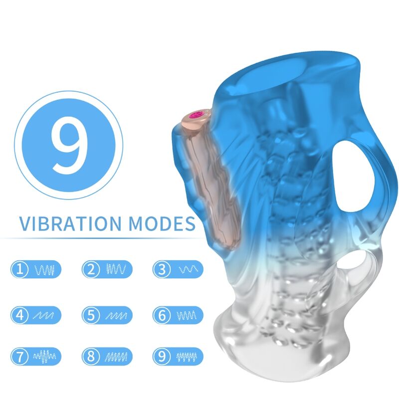 Masturbateur vibrant Armony bleu transparent avec pictogrammes des modes de vibration