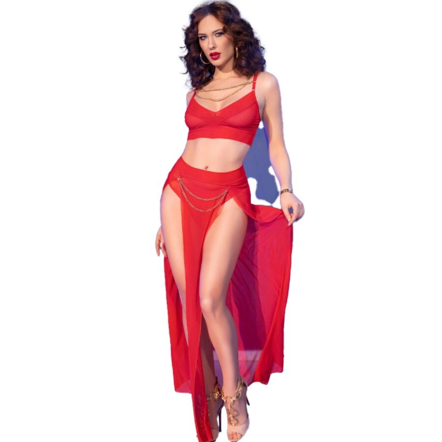 Ensemble Top et Jupe Fendue CR 4850 Tulle Rouge Accessoires Dorés - Chilirose