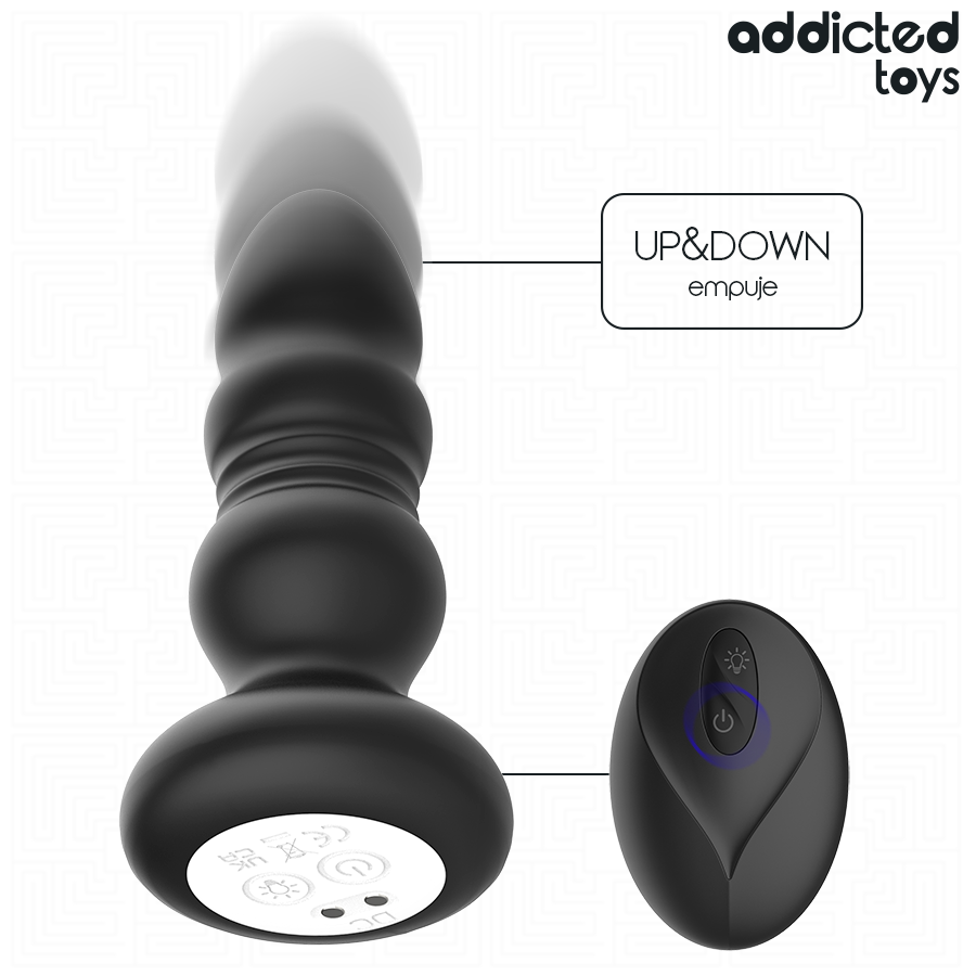 Mouvement de poussée du plug anal Addicted Toys illustré avec sa télécommande sans fil