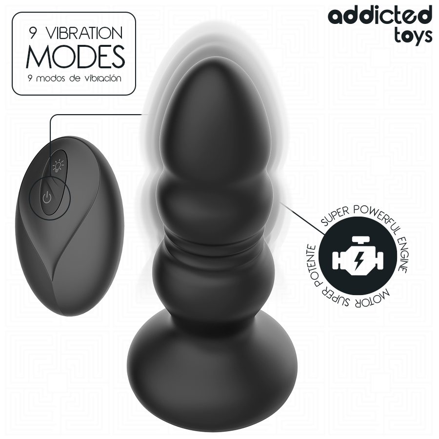 Plug anal Addicted Toys en vibration à côté de la télécommande, visuel des 9 modes