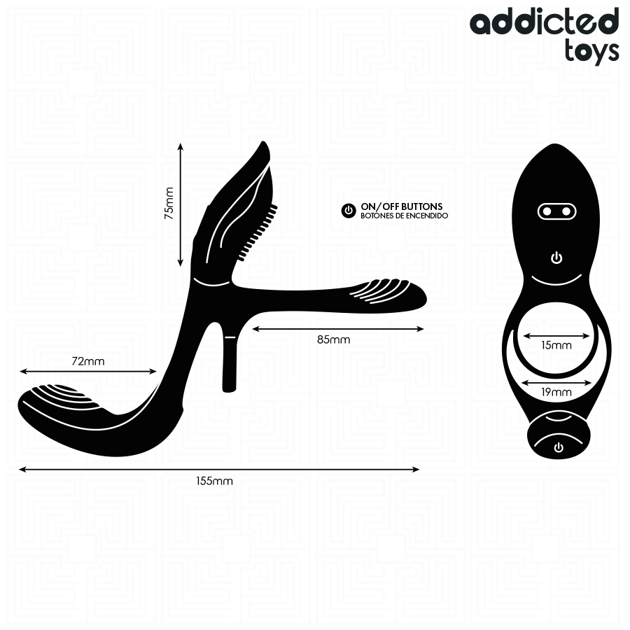 Schéma coté du cockring vibrant Addicted Toys avec emplacement des boutons
