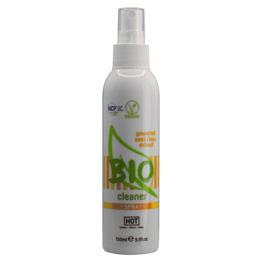 Flacon spray de 150 ml du nettoyant sextoy Bio Cleaner de Hot, logo vegan