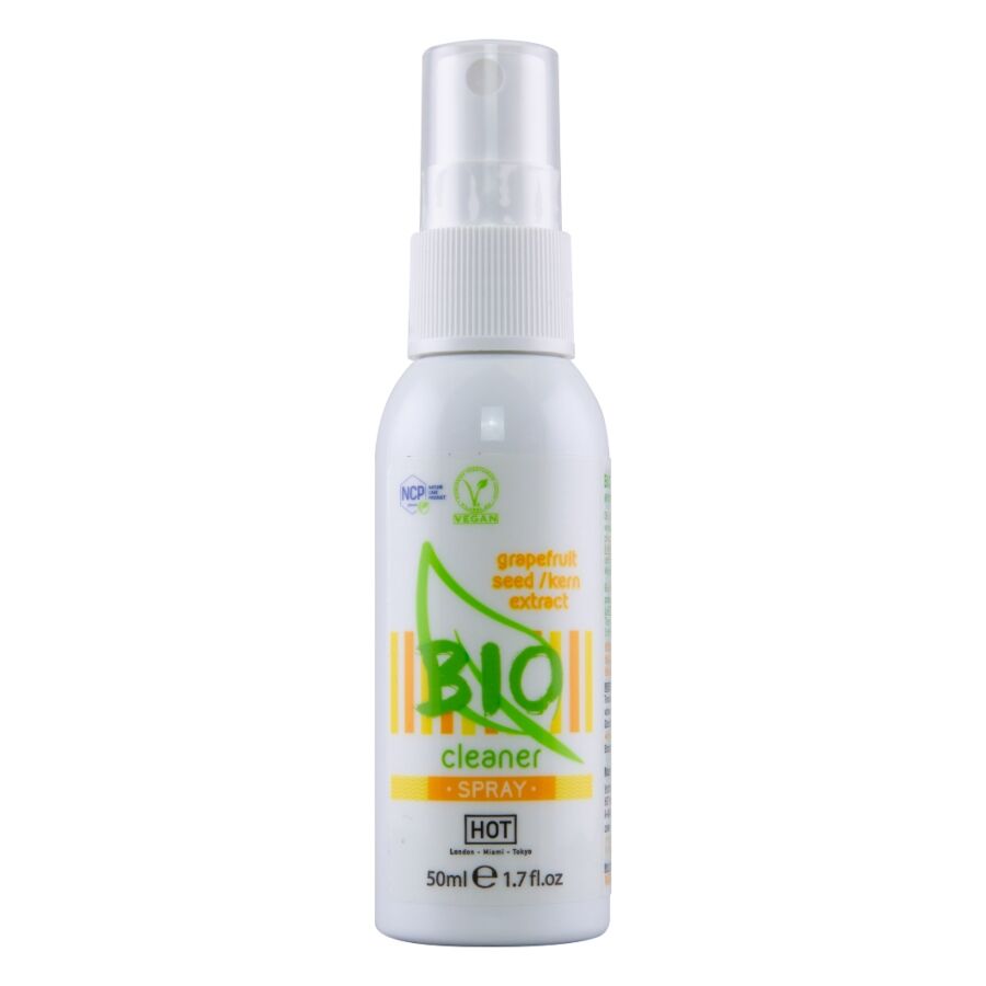 Flacon spray de 50 ml du nettoyant sextoy Bio Cleaner de Hot, vue de face