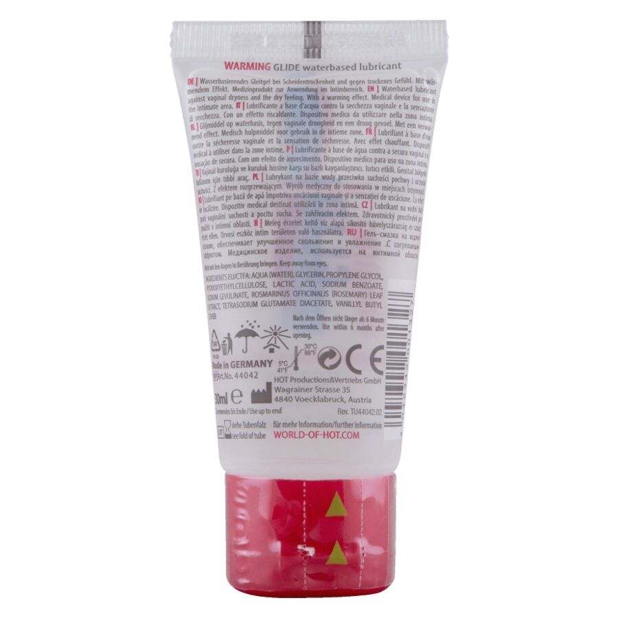 Arrière du tube Warming Glide HOT 30 ml avec composition et mentions