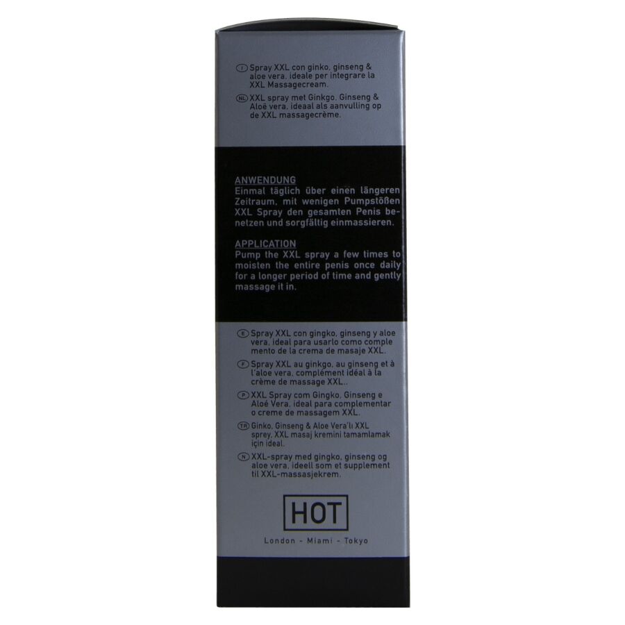 Côté de l'étui du spray XXL de Hot avec le mode d'application en plusieurs langues