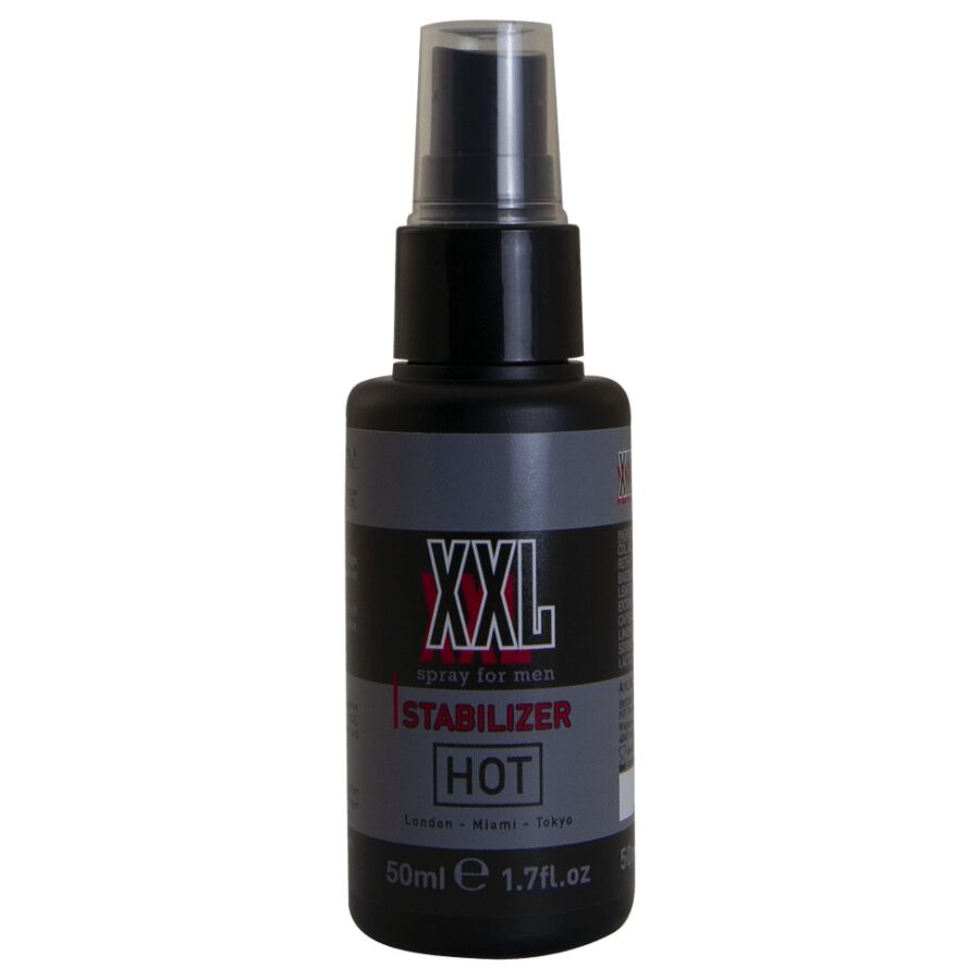 Flacon pompe noir et gris du spray XXL spray for men de Hot vu de face