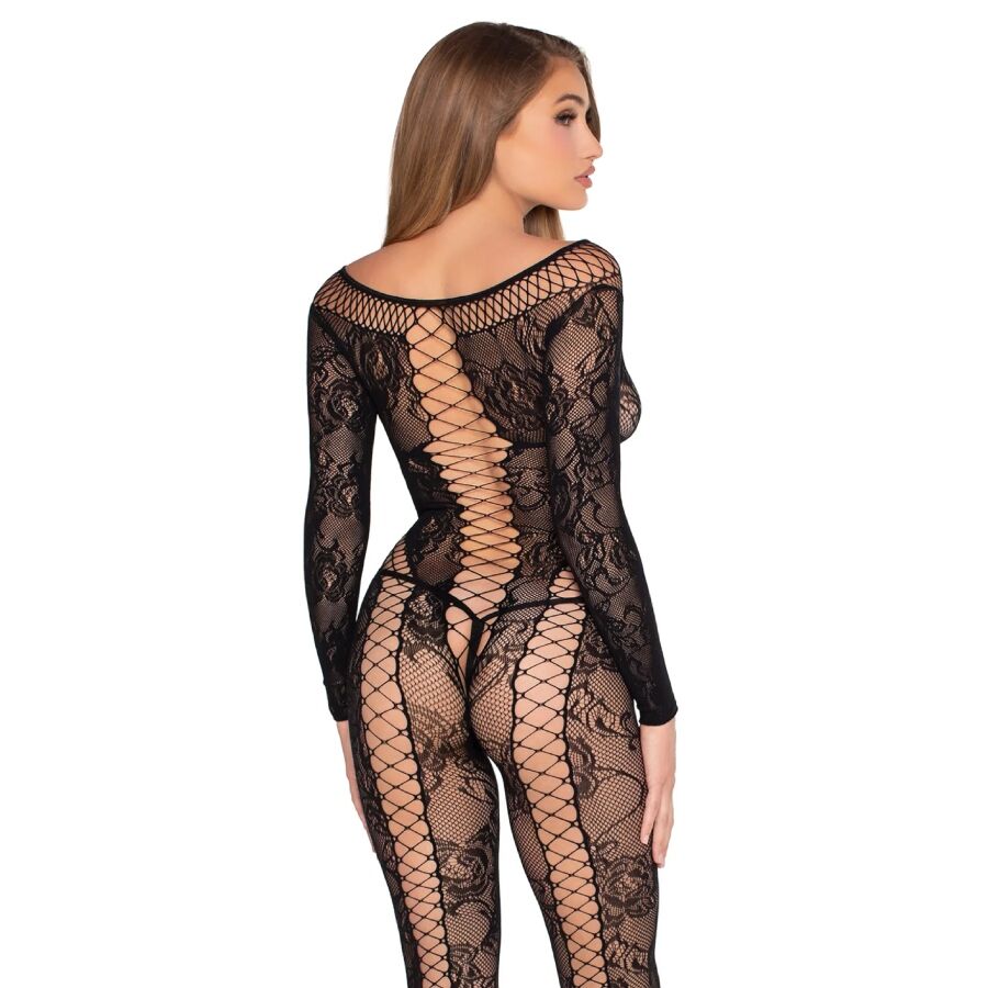 Dos du bodystocking dentelle Leg Avenue avec bande de résille lacée