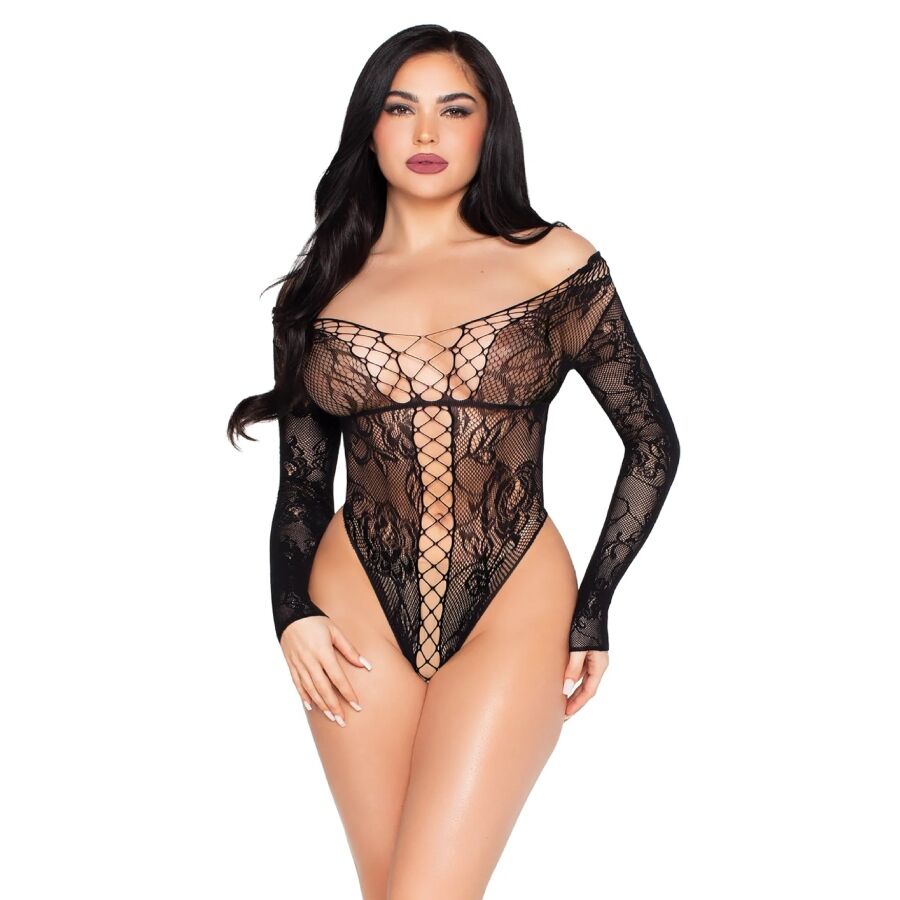 Body Teddy Résille et Dentelle Florale Effet Lacé Taille Unique - Leg Avenue