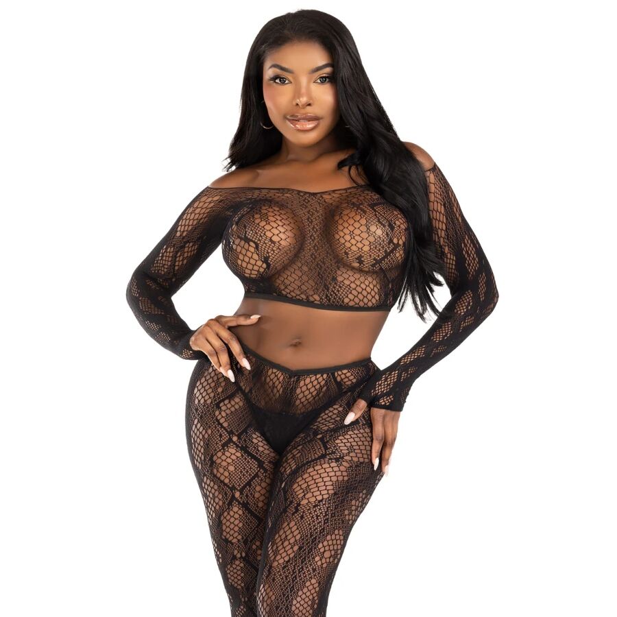 Ensemble Lingerie Crop Top et Legging Motif Python Résille Taille Unique - Leg Avenue