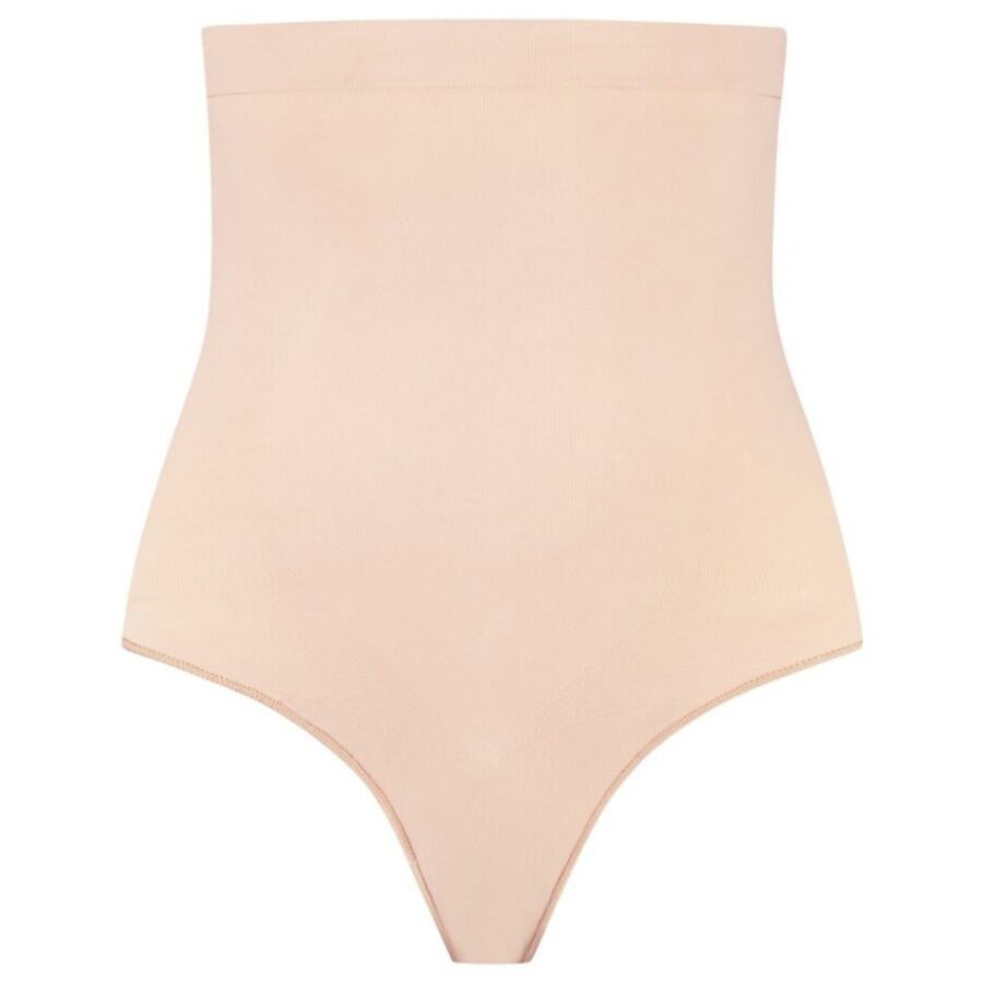 String gainant taille haute Bye Bra beige présenté à plat sur fond blanc