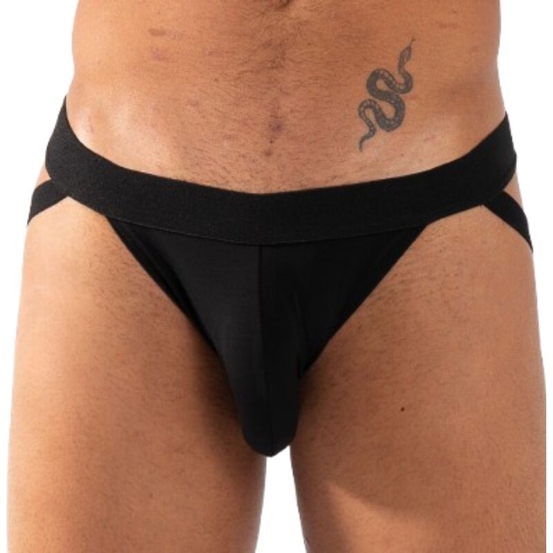 Homme de face portant le jockstrap 011 Double Jock noir de Burn, poche avant