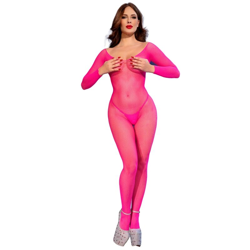 Bodystocking Résille Rose Néon Manches Longues CR 4894 - Chilirose