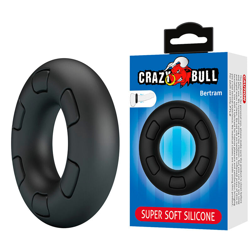 Cockring Bertram de Crazy Bull incliné à côté de sa boîte Super Soft Silicone