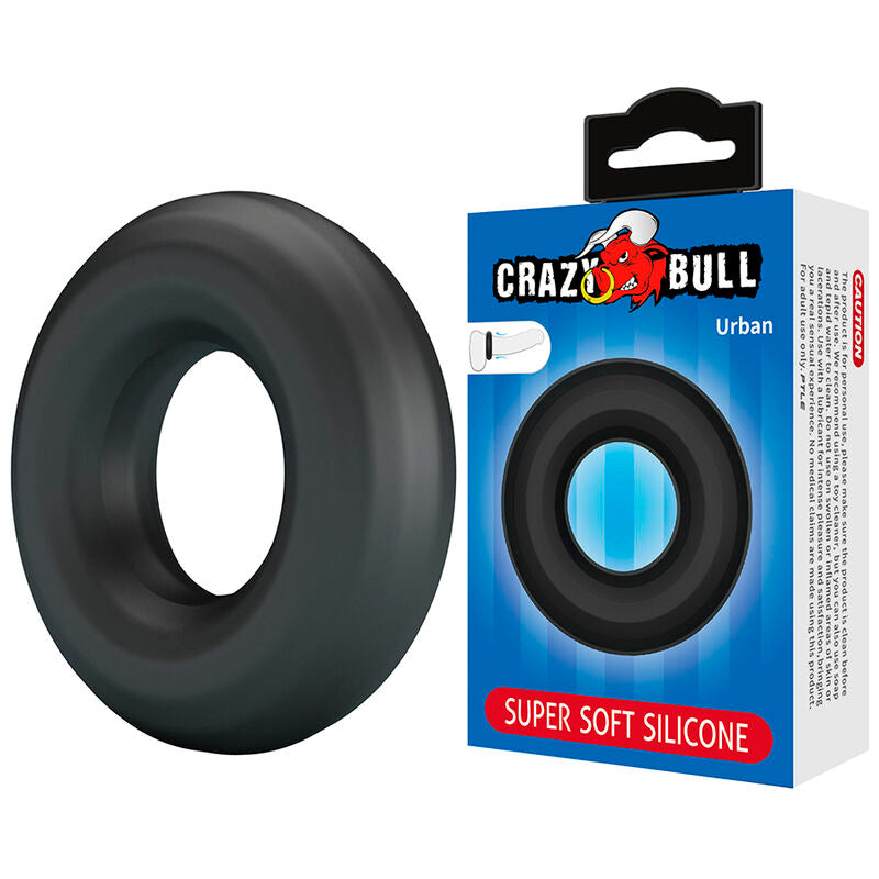 Cockring Urban de Crazy Bull incliné à côté de sa boîte Super Soft Silicone