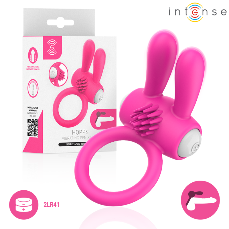 Cockring vibrant Hopps d'Intense rose devant sa boîte, oreilles de lapin et picots