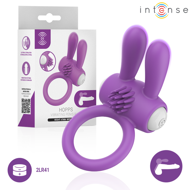 Cockring vibrant Hopps d'Intense violet devant sa boîte, oreilles de lapin dressées