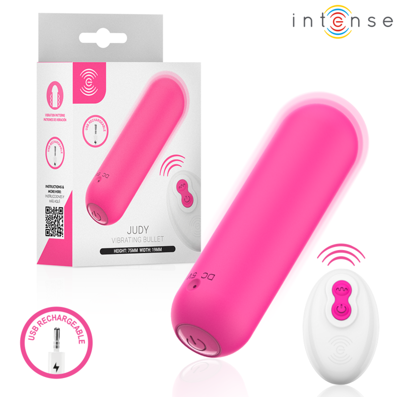 Bullet Judy rose et télécommande devant sa boîte, pictogramme USB rechargeable