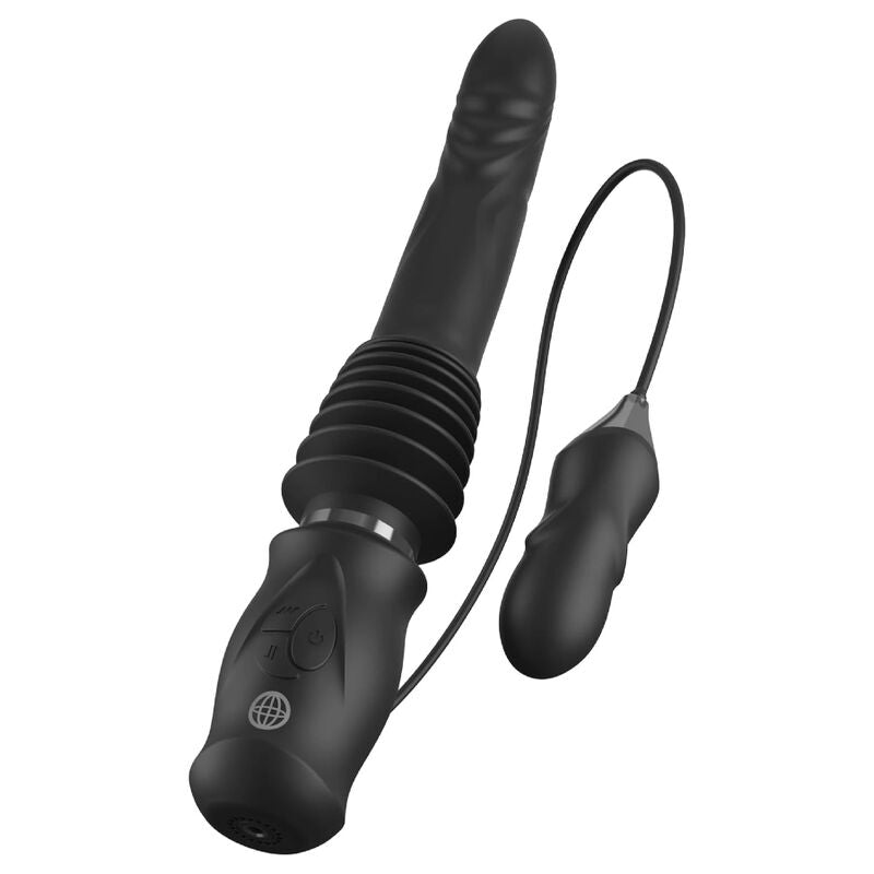 Vibromasseur Ultimate Thruster de trois quarts, soufflet noir et œuf vibrant relié