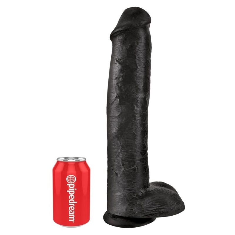 Gode réaliste XXL King Cock noir à côté d'une canette pour donner l'échelle
