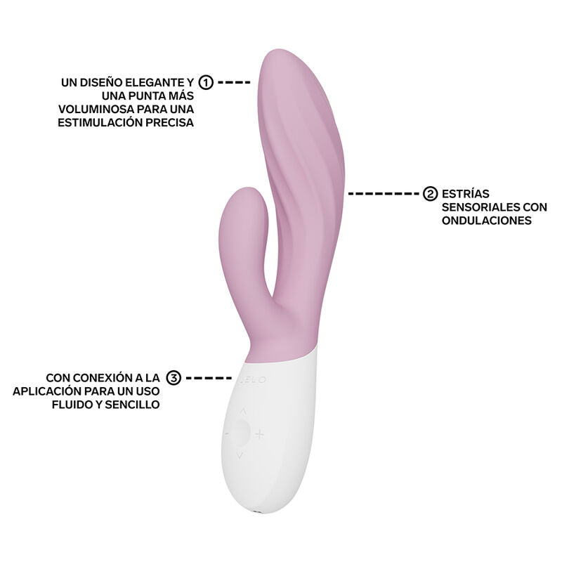 Rabbit Ina Twist rose de Lelo annoté en espagnol : pointe, stries et application