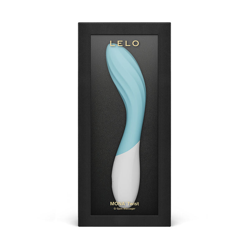 Coffret noir du vibromasseur point G Mona Twist vert d'eau de la marque Lelo
