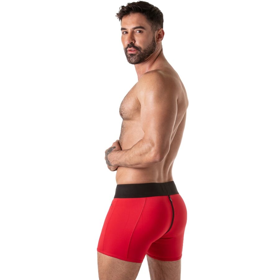 Vue arrière de trois quarts du boxer Locker Gear rouge à zip vertical