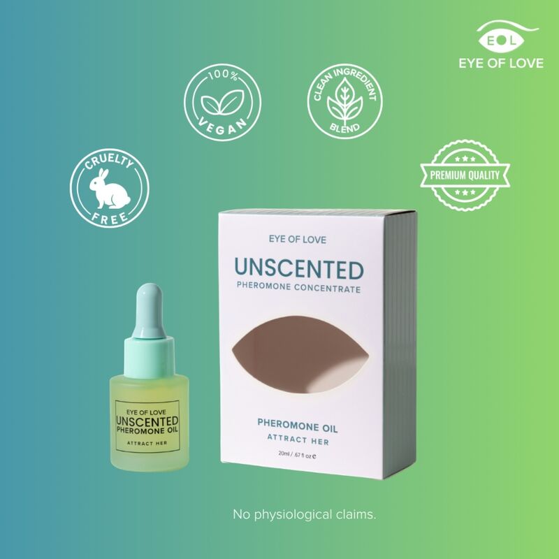 Huile Unscented Eye Of Love et sa boîte sur fond dégradé avec labels vegan