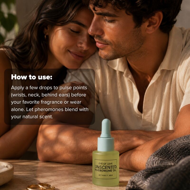 Couple et flacon Unscented Eye Of Love avec le mode d'emploi en surimpression