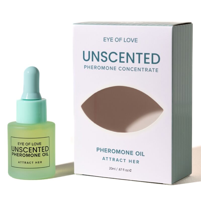 Huile Unscented Eye Of Love devant sa boîte blanche Pheromone Concentrate